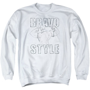 AN OFFCIALLY LICENSED JOHNNY BRAVO BRAVO STYLE ADULT UNISEX CREWNECK SWEATSHIRT WHITE