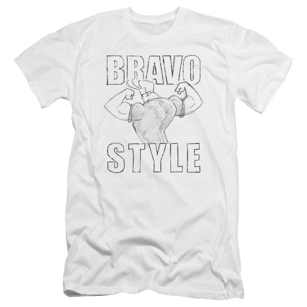 AN OFFCIALLY LICENSED JOHNNY BRAVO BRAVO STYLE MEN'S PREMIUM SLIM FIT T-SHIRT WHITE