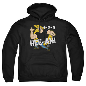 AN OFFCIALLY LICENSED JOHNNY BRAVO 123 ADULT UNISEX PULLOVER HOODIE BLACK