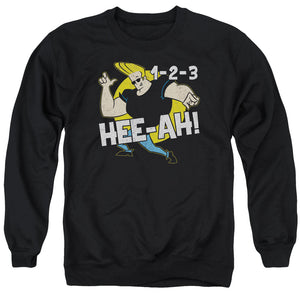 AN OFFCIALLY LICENSED JOHNNY BRAVO 123 ADULT UNISEX CREWNECK SWEATSHIRT BLACK