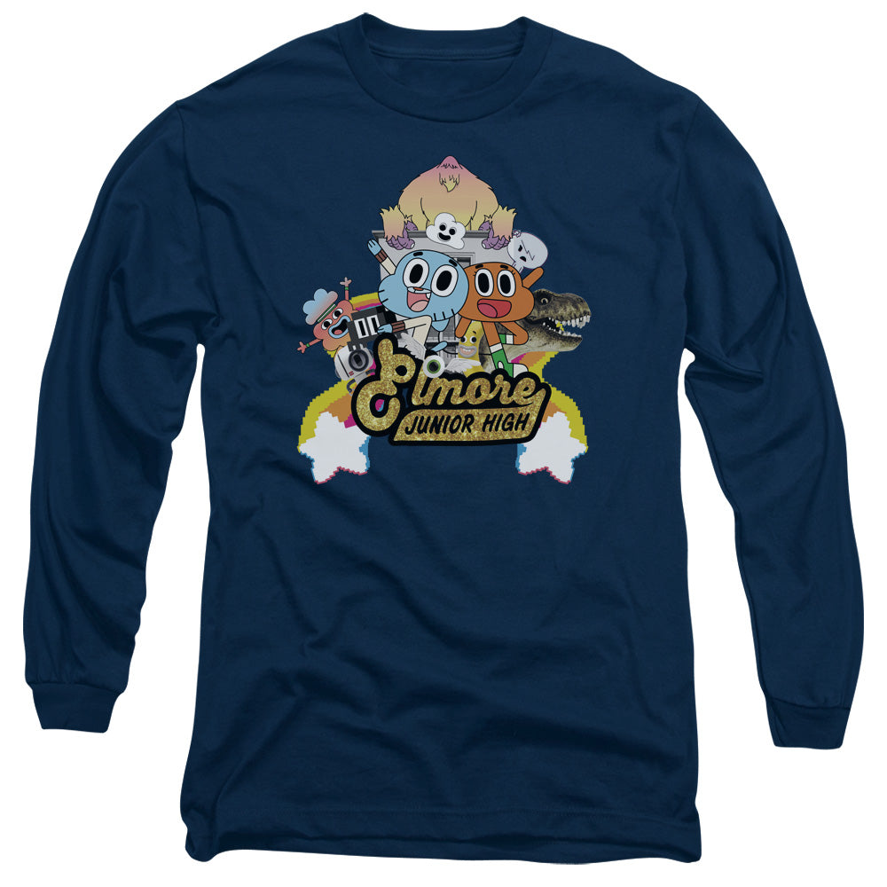 AN OFFCIALLY LICENSED AMAZING WORLD OF GUMBALL ELMORE JUNIOR HIGH MEN'S LONG SLEEVE T-SHIRT NAVY