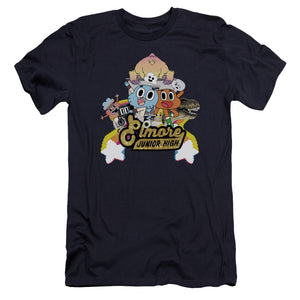 AN OFFCIALLY LICENSED AMAZING WORLD OF GUMBALL ELMORE JUNIOR HIGH MEN'S PREMIUM SLIM FIT T-SHIRT NAVY