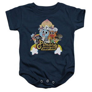 AN OFFCIALLY LICENSED AMAZING WORLD OF GUMBALL ELMORE JUNIOR HIGH BABY BODYSUIT NAVY