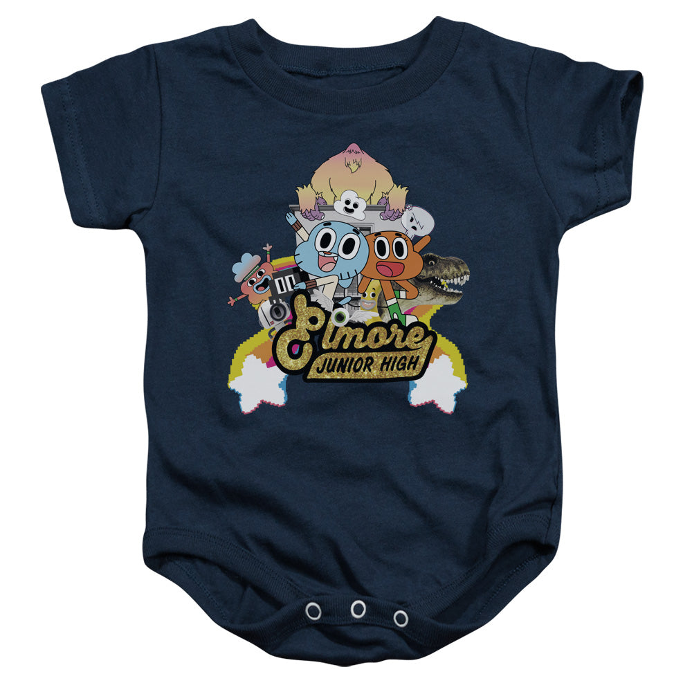 AN OFFCIALLY LICENSED AMAZING WORLD OF GUMBALL ELMORE JUNIOR HIGH BABY BODYSUIT NAVY