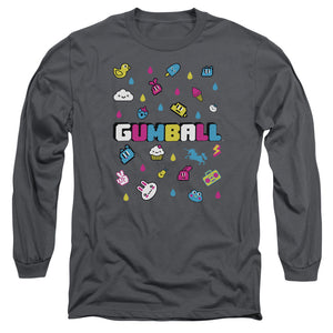 AN OFFCIALLY LICENSED AMAZING WORLD OF GUMBALL FUN DROPS MEN'S LONG SLEEVE T-SHIRT CHARCOAL
