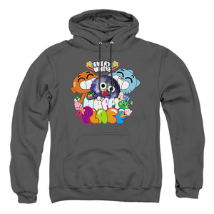 AN OFFCIALLY LICENSED AMAZING WORLD OF GUMBALL HAPPY PLACE ADULT UNISEX PULLOVER HOODIE CHARCOAL