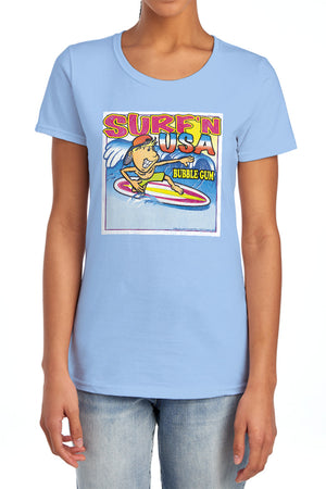AN OFFCIALLY LICENSED DUBBLE BUBBLE SURFN USA GUM WOMEN'S REGULAR FIT T-SHIRT LIGHT BLUE