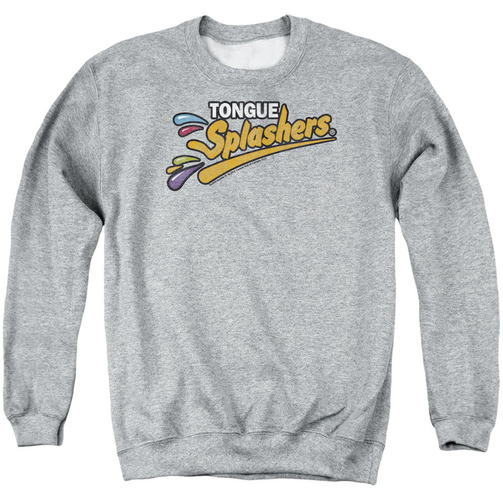 AN OFFCIALLY LICENSED DUBBLE BUBBLE TONGUE SPLASHERS LOGO ADULT UNISEX CREWNECK SWEATSHIRT ATHLETIC HEATHER