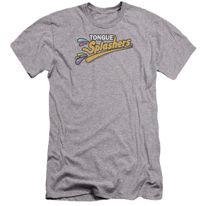 AN OFFCIALLY LICENSED DUBBLE BUBBLE TONGUE SPLASHERS LOGO MEN'S PREMIUM SLIM FIT T-SHIRT ATHLETIC HEATHER