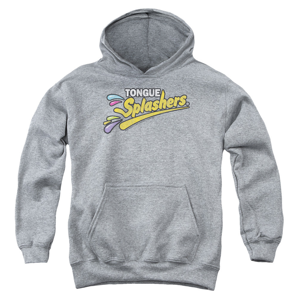 AN OFFCIALLY LICENSED DUBBLE BUBBLE TONGUE SPLASHERS LOGO YOUTH HOODIE ATHLETIC HEATHER