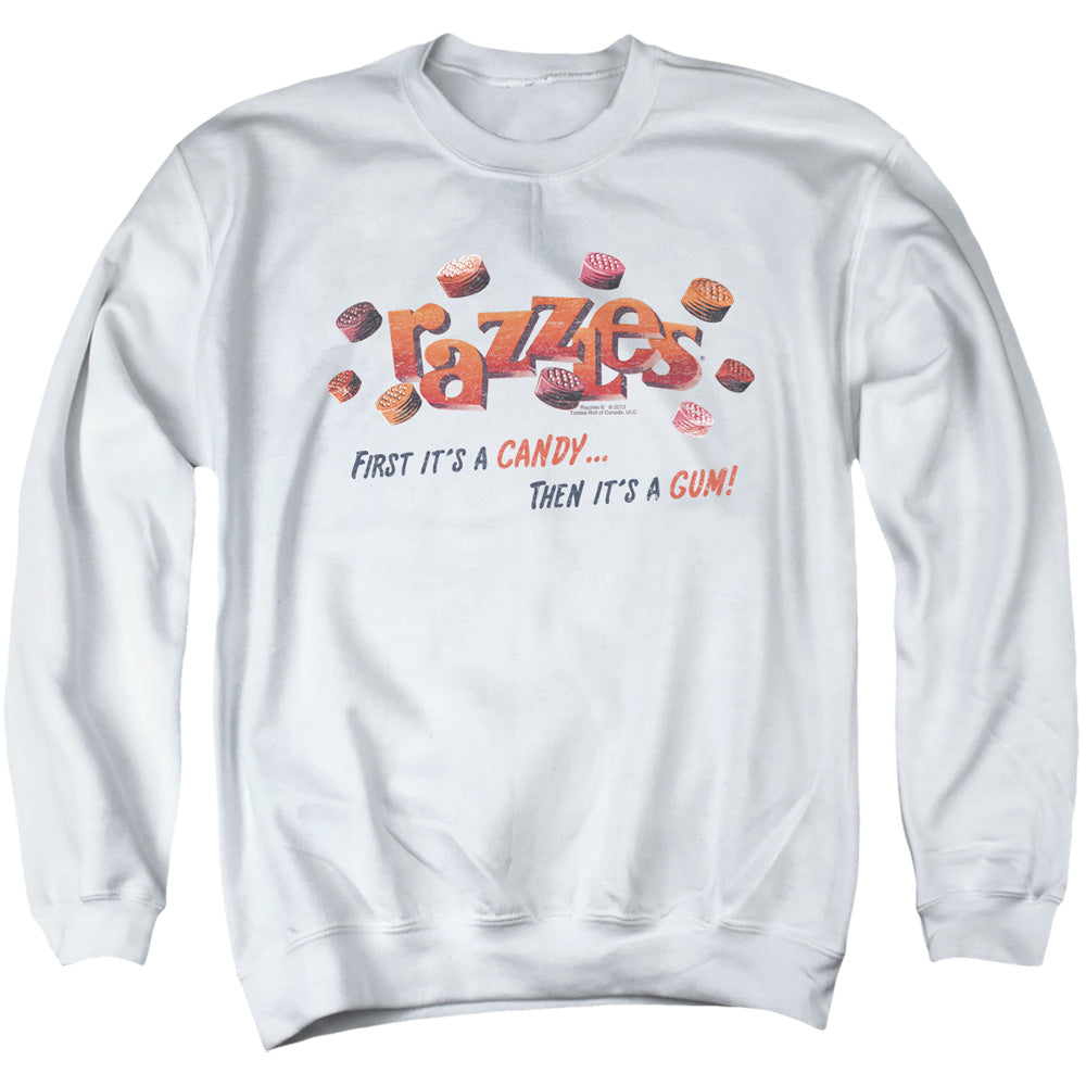 AN OFFCIALLY LICENSED DUBBLE BUBBLE A GUM AND A CANDY ADULT UNISEX CREWNECK SWEATSHIRT WHITE