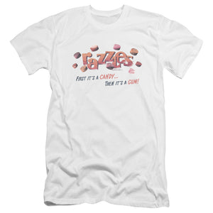 AN OFFCIALLY LICENSED DUBBLE BUBBLE A GUM AND A CANDY MEN'S PREMIUM SLIM FIT T-SHIRT WHITE
