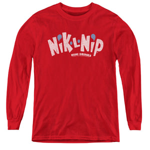 AN OFFCIALLY LICENSED DUBBLE BUBBLE DISTRESSED LOGO YOUTH LONG SLEEVE T-SHIRT RED