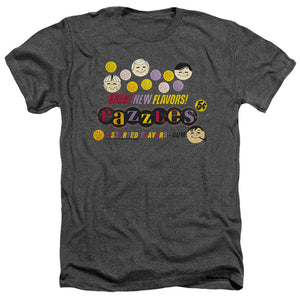 AN OFFCIALLY LICENSED DUBBLE BUBBLE RAZZLES RETRO BOX MEN'S HEATHER T-SHIRT CHARCOAL