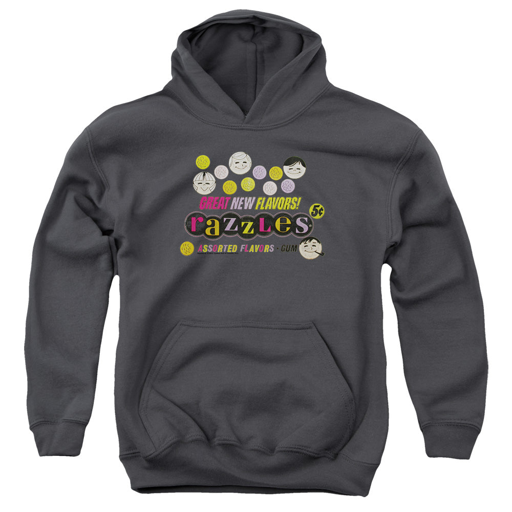 AN OFFCIALLY LICENSED DUBBLE BUBBLE RAZZLES RETRO BOX YOUTH HOODIE CHARCOAL