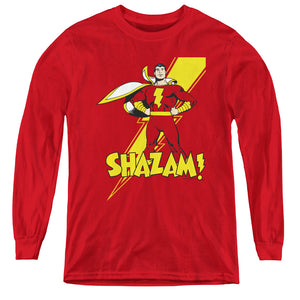 AN OFFCIALLY LICENSED DC SHAZAM SHAZAM YOUTH LONG SLEEVE T-SHIRT RED
