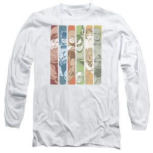 AN OFFCIALLY LICENSED DC JUSTICE LEAGUE COLUMNS MEN'S LONG SLEEVE T-SHIRT WHITE