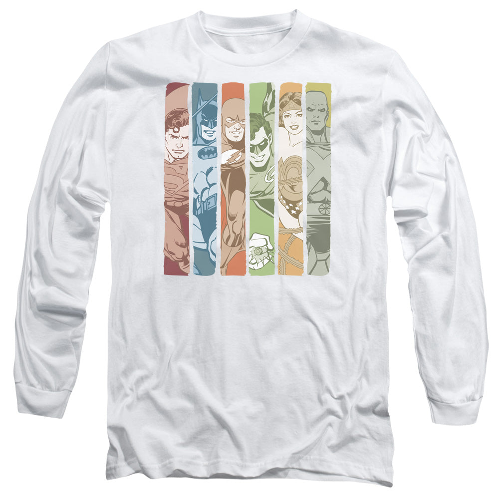 AN OFFCIALLY LICENSED DC JUSTICE LEAGUE COLUMNS MEN'S LONG SLEEVE T-SHIRT WHITE