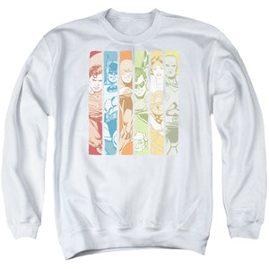 AN OFFCIALLY LICENSED DC JUSTICE LEAGUE COLUMNS ADULT UNISEX CREWNECK SWEATSHIRT WHITE