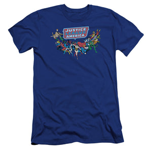 AN OFFCIALLY LICENSED DC HERE THEY COME MEN'S PREMIUM SLIM FIT T-SHIRT ROYAL