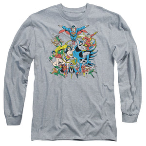 AN OFFCIALLY LICENSED DC JUSTICE LEAGUE ASSEMBLE MEN'S LONG SLEEVE T-SHIRT ATHLETIC HEATHER