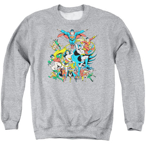 AN OFFCIALLY LICENSED DC JUSTICE LEAGUE ASSEMBLE ADULT UNISEX CREWNECK SWEATSHIRT ATHLETIC HEATHER