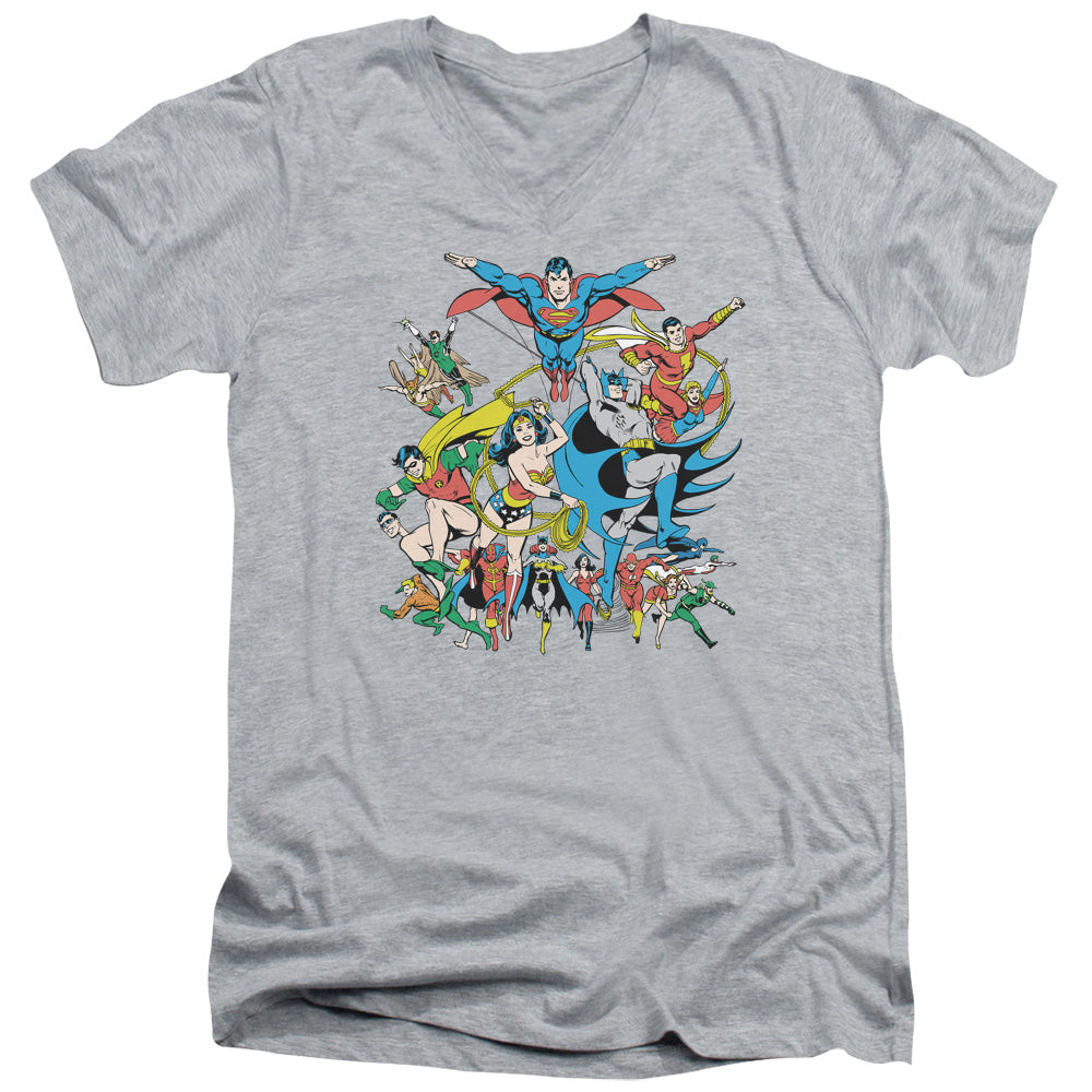AN OFFCIALLY LICENSED DC JUSTICE LEAGUE ASSEMBLE MEN'S V-NECK T-SHIRT ATHLETIC HEATHER