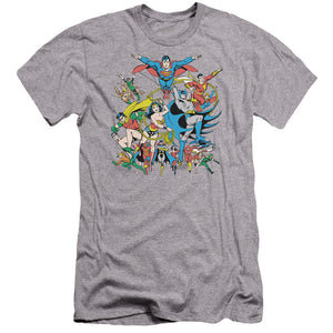 AN OFFCIALLY LICENSED DC JUSTICE LEAGUE ASSEMBLE MEN'S PREMIUM SLIM FIT T-SHIRT ATHLETIC HEATHER