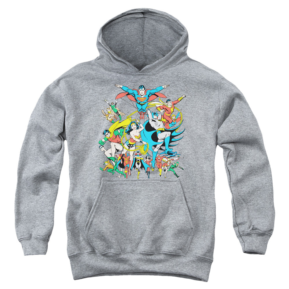 AN OFFCIALLY LICENSED DC JUSTICE LEAGUE ASSEMBLE YOUTH HOODIE ATHLETIC HEATHER