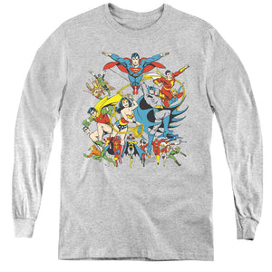 AN OFFCIALLY LICENSED DC JUSTICE LEAGUE ASSEMBLE YOUTH LONG SLEEVE T-SHIRT ATHLETIC HEATHER