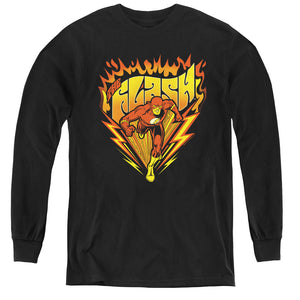 AN OFFCIALLY LICENSED DC FLASH BLAZING SPEED YOUTH LONG SLEEVE T-SHIRT BLACK