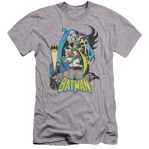 AN OFFCIALLY LICENSED DC BATMAN HEROIC TRIO MEN'S PREMIUM SLIM FIT T-SHIRT ATHLETIC HEATHER