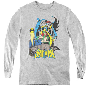 AN OFFCIALLY LICENSED DC BATMAN HEROIC TRIO YOUTH LONG SLEEVE T-SHIRT ATHLETIC HEATHER
