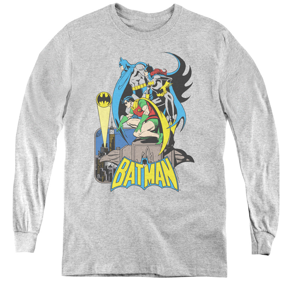 AN OFFCIALLY LICENSED DC BATMAN HEROIC TRIO YOUTH LONG SLEEVE T-SHIRT ATHLETIC HEATHER