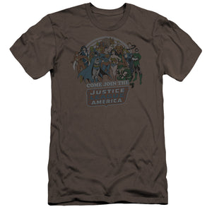 AN OFFCIALLY LICENSED DC JOIN THE JUSTICE LEAGUE MEN'S PREMIUM SLIM FIT T-SHIRT CHARCOAL