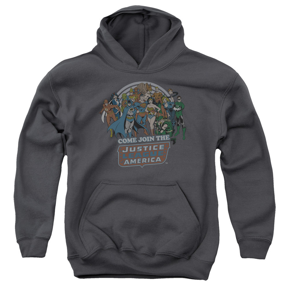 AN OFFCIALLY LICENSED DC JOIN THE JUSTICE LEAGUE YOUTH HOODIE CHARCOAL