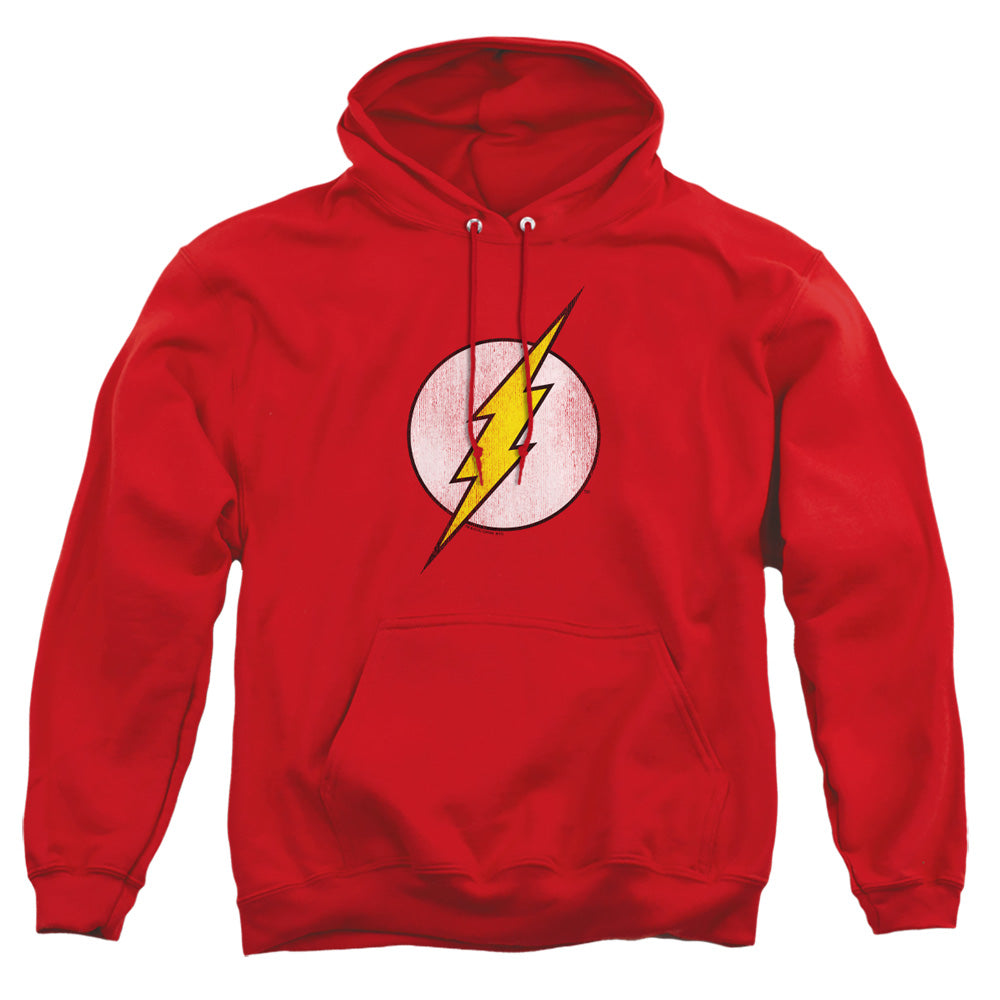 AN OFFCIALLY LICENSED DC FLASH FLASH LOGO DISTRESSED ADULT UNISEX PULLOVER HOODIE RED