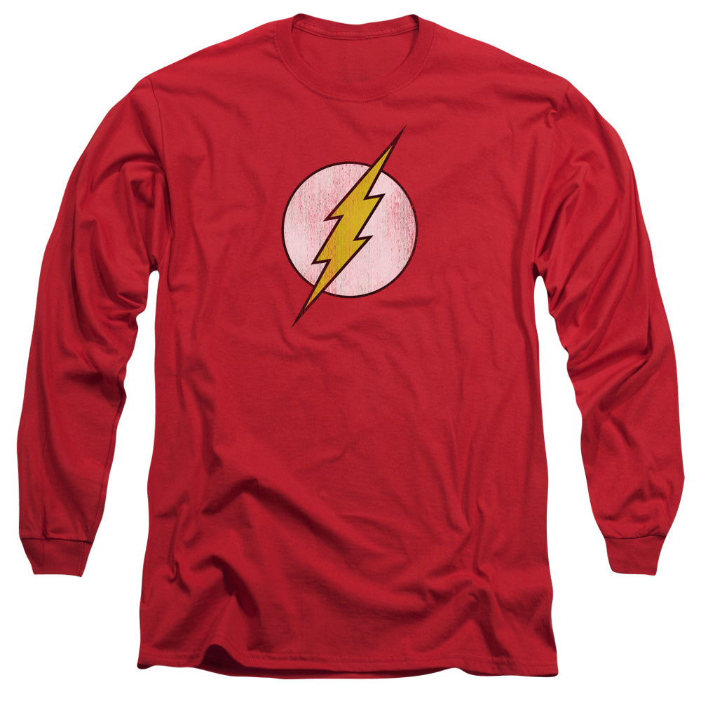 AN OFFCIALLY LICENSED DC FLASH FLASH LOGO DISTRESSED MEN'S LONG SLEEVE T-SHIRT RED