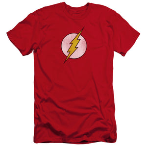 AN OFFCIALLY LICENSED DC FLASH FLASH LOGO DISTRESSED MEN'S PREMIUM SLIM FIT T-SHIRT RED