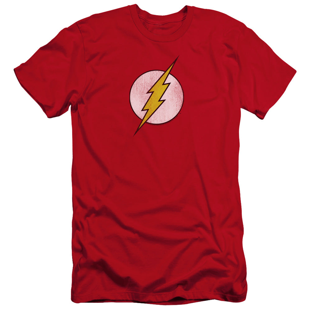 AN OFFCIALLY LICENSED DC FLASH FLASH LOGO DISTRESSED MEN'S PREMIUM SLIM FIT T-SHIRT RED