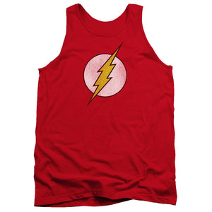 AN OFFCIALLY LICENSED DC FLASH FLASH LOGO DISTRESSED ADULT UNISEX TANK TOP RED