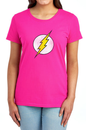 AN OFFCIALLY LICENSED DC FLASH FLASH LOGO DISTRESSED WOMEN'S REGULAR FIT T-SHIRT RED
