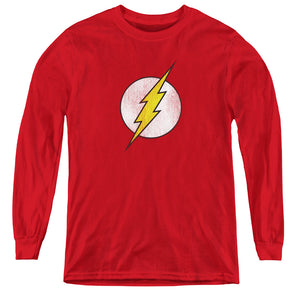 AN OFFCIALLY LICENSED DC FLASH FLASH LOGO DISTRESSED YOUTH LONG SLEEVE T-SHIRT RED