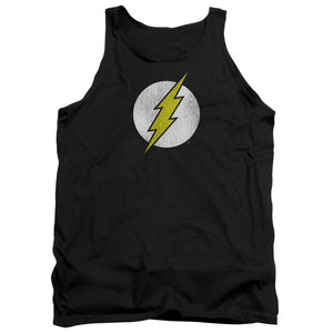 AN OFFCIALLY LICENSED DC FLASH FLASH LOGO DISTRESSED ADULT UNISEX TANK TOP BLACK