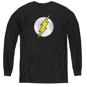 AN OFFCIALLY LICENSED DC FLASH FLASH LOGO DISTRESSED YOUTH LONG SLEEVE T-SHIRT BLACK