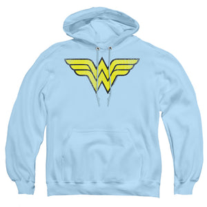 AN OFFCIALLY LICENSED DC WONDER WOMAN WW LOGO DISTRESSED ADULT UNISEX PULLOVER HOODIE LIGHT BLUE