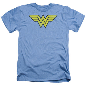 AN OFFCIALLY LICENSED DC WONDER WOMAN WW LOGO DISTRESSED MEN'S HEATHER T-SHIRT LIGHT BLUE