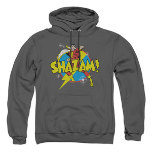 AN OFFCIALLY LICENSED DC SHAZAM POWER BOLT ADULT UNISEX PULLOVER HOODIE CHARCOAL