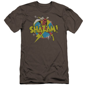 AN OFFCIALLY LICENSED DC SHAZAM POWER BOLT MEN'S PREMIUM SLIM FIT T-SHIRT CHARCOAL