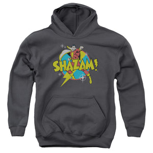 AN OFFCIALLY LICENSED DC SHAZAM POWER BOLT YOUTH HOODIE CHARCOAL